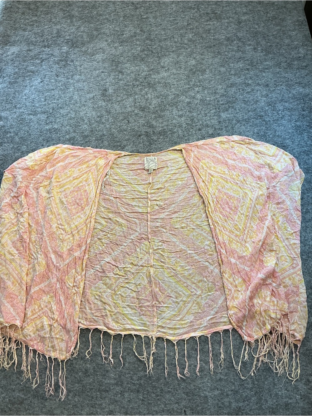 Billabong Boho Pink & Yellow Fringe Open-Front Women's Shawl Coverup Size OS